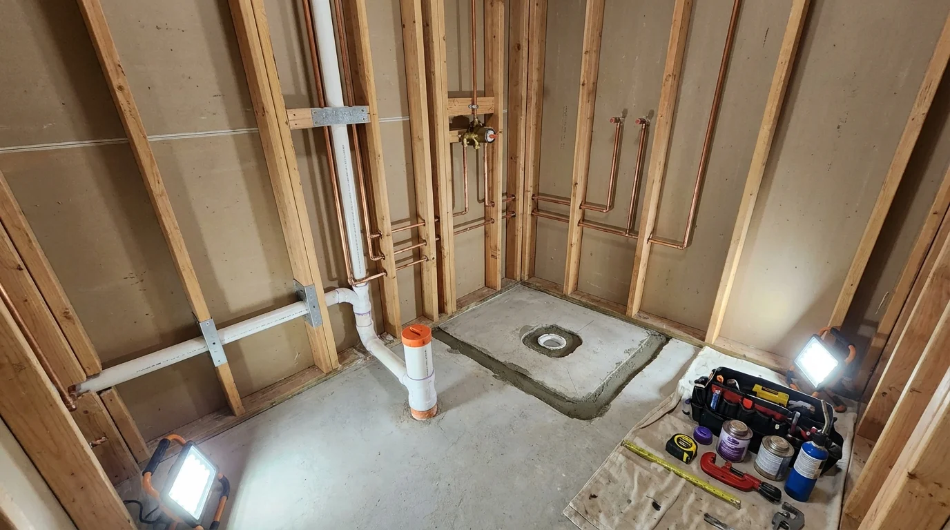 Bathroom rough-in plumbing during remodel by Johns Plumbing LLC in Smith Center