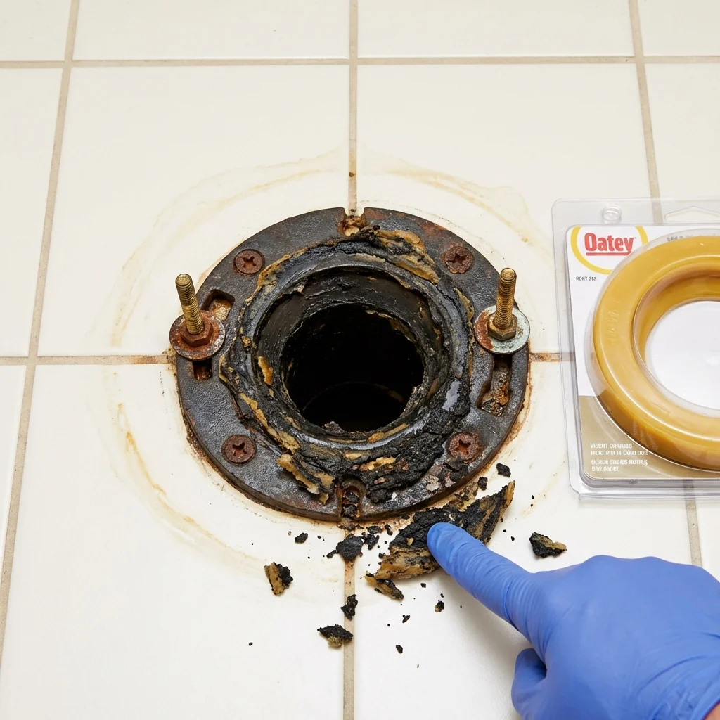 Failed wax ring showing water seepage at the base of a toilet in a Smith Center, KS home