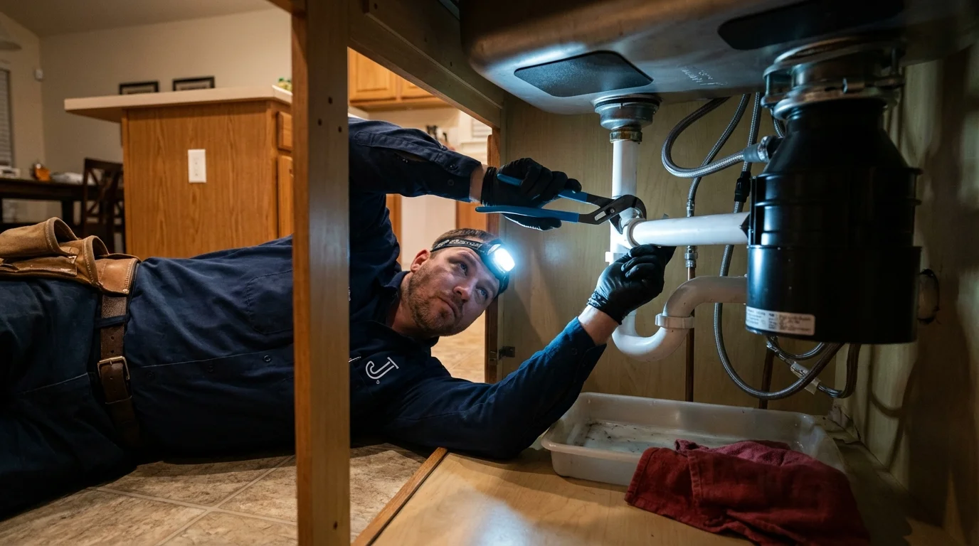 P-trap and supply line connections under a kitchen sink showing a common leak point in Smith Center, KS